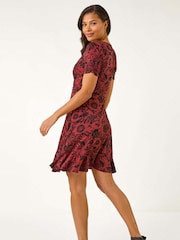 Roman Red Floral Print Wrap Frill Stretch Dress - Image 3 of 5