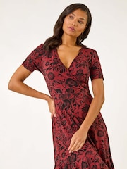 Roman Red Floral Print Wrap Frill Stretch Dress - Image 4 of 5