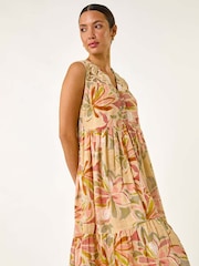 Roman Orange Leaf Print Lace Detail Smock Dress - Image 1 of 5