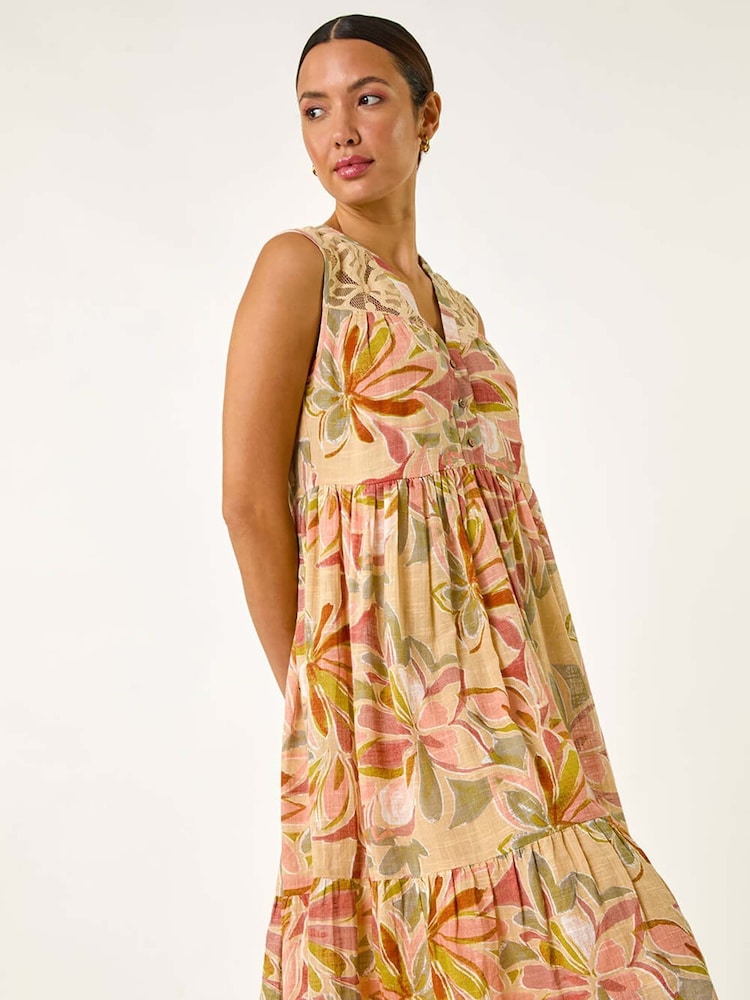 Roman Orange Leaf Print Lace Detail Smock Dress - Image 1 of 5