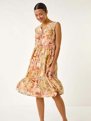 Roman Orange Leaf Print Lace Detail Smock Dress - Image 2 of 5