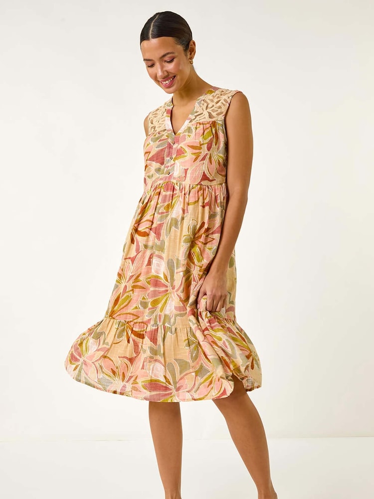 Roman Orange Leaf Print Lace Detail Smock Dress - Image 2 of 5