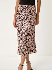 Roman Natural Woven Animal Print Satin Skirt - Image 2 of 5