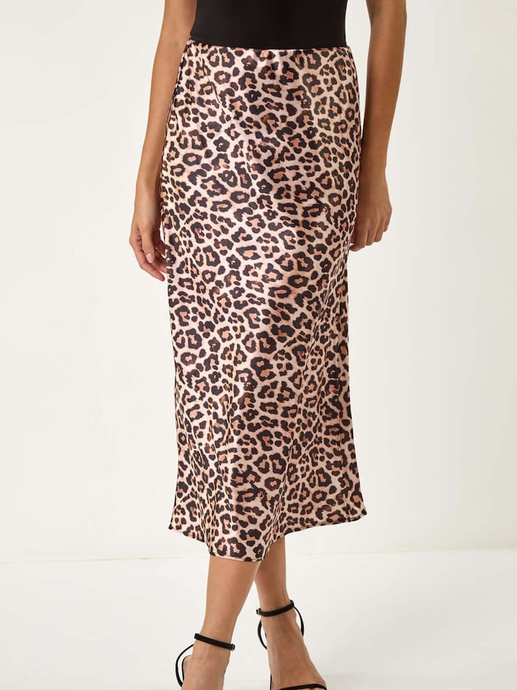 Roman Natural Woven Animal Print Satin Skirt - Image 2 of 5