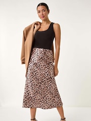 Roman Natural Woven Animal Print Satin Skirt - Image 4 of 5