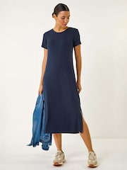Roman Blue Ribbed Stretch Midi Dress - Image 1 of 5