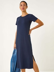 Roman Blue Ribbed Stretch Midi Dress - Image 4 of 5