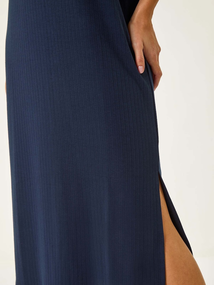 Roman Blue Ribbed Stretch Midi Dress - Image 5 of 5