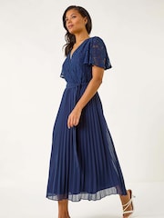 Roman Navy Lace Detail Wrap Midi Dress - Image 1 of 5