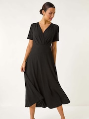 Roman Black Textured Wrap Bodice Midi Dress - Image 1 of 5