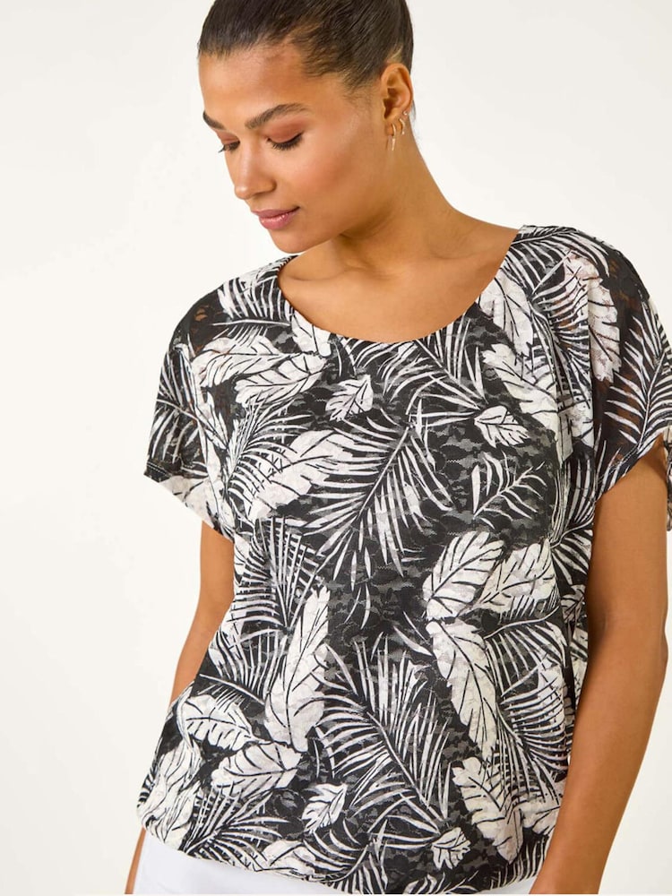 Roman Black Leaf Print Lace Bubble Hem Top - Image 1 of 5