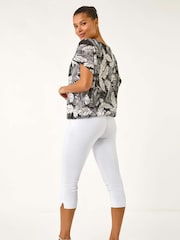 Roman Black Leaf Print Lace Bubble Hem Top - Image 3 of 5
