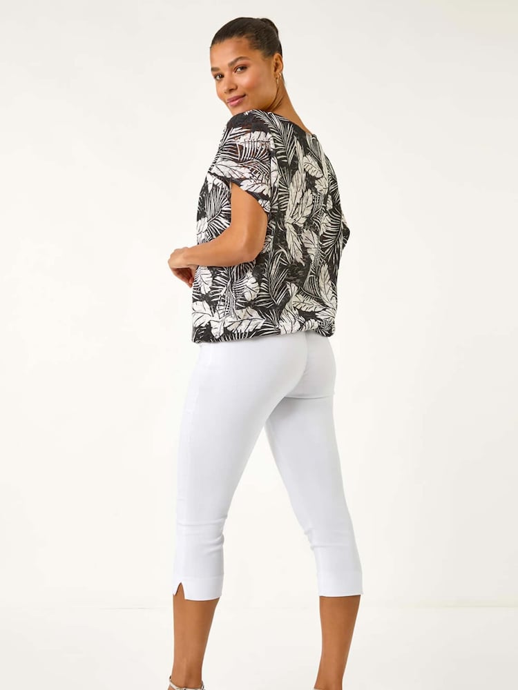 Roman Black Leaf Print Lace Bubble Hem Top - Image 3 of 5