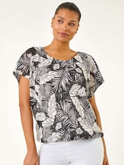 Roman Black Leaf Print Lace Bubble Hem Top - Image 4 of 5