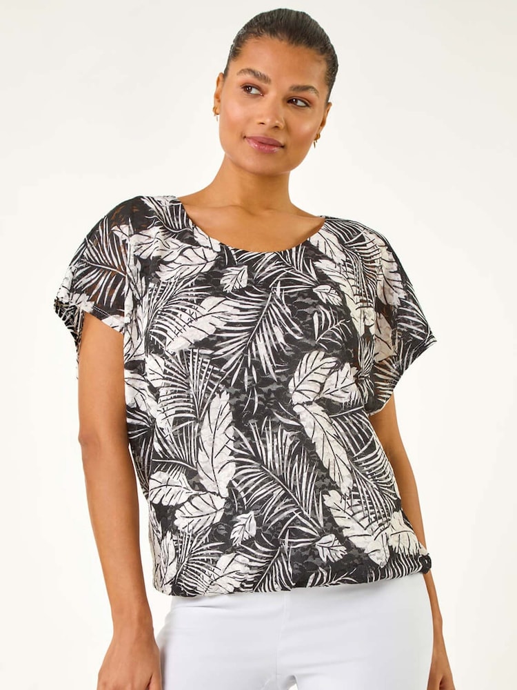 Roman Black Leaf Print Lace Bubble Hem Top - Image 4 of 5