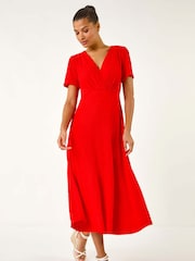 Roman Red Textured Wrap Bodice Midi Dress - Image 1 of 5