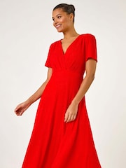 Roman Red Textured Wrap Bodice Midi Dress - Image 2 of 5