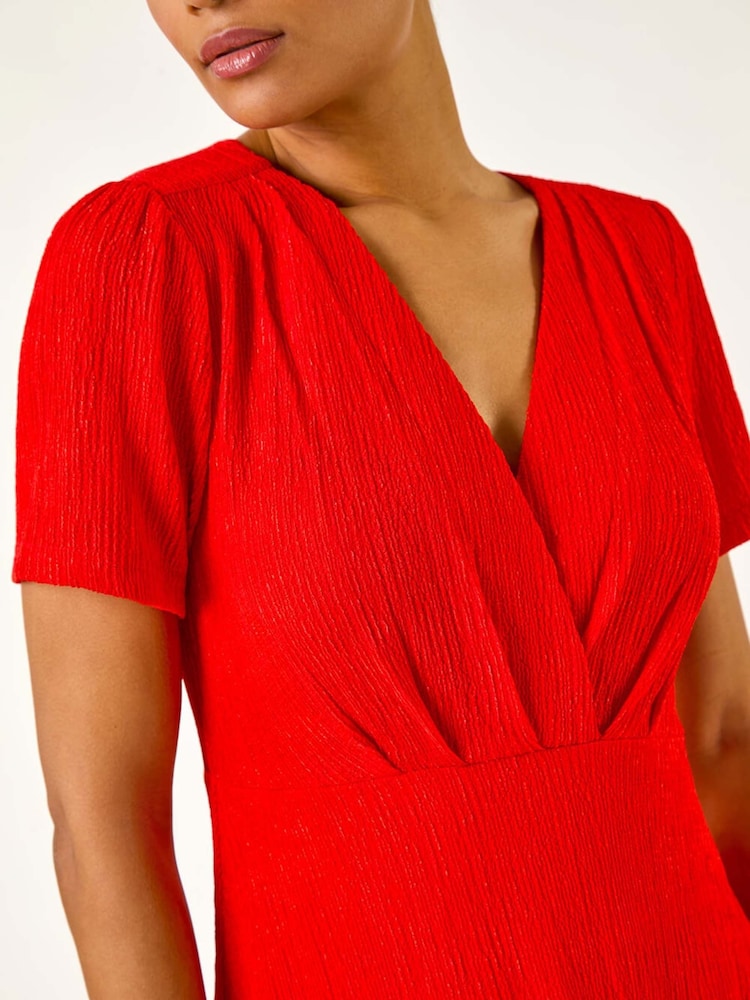 Roman Red Textured Wrap Bodice Midi Dress - Image 5 of 5