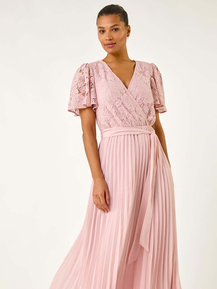 Roman Pink Lace Detail Wrap Midi Dress - Image 1 of 5