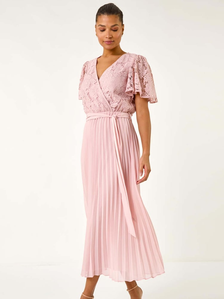 Roman Pink Lace Detail Wrap Midi Dress - Image 2 of 5