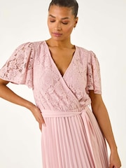 Roman Pink Lace Detail Wrap Midi Dress - Image 4 of 5