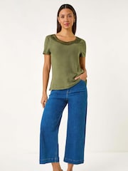 Roman Green Lace Neck Trim Stretch Top - Image 2 of 5