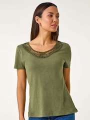 Roman Green Lace Neck Trim Stretch Top - Image 4 of 5