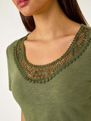 Roman Green Lace Neck Trim Stretch Top - Image 5 of 5