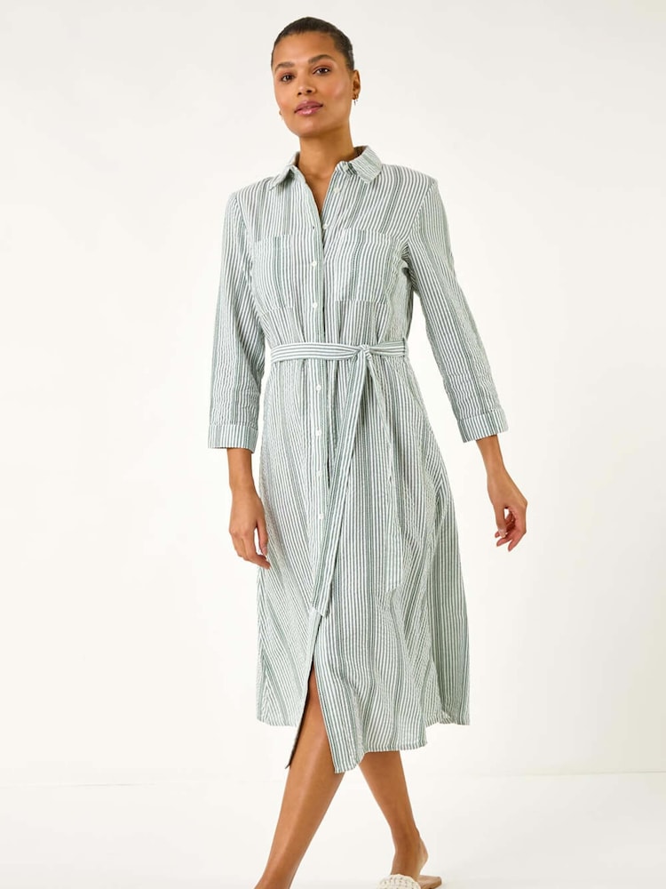 Roman Green Textured Stripe Belted Shirt 100% Cotton Dress - Image 2 of 5