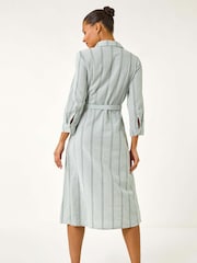 Roman Green Textured Stripe Belted Shirt 100% Cotton Dress - Image 3 of 5