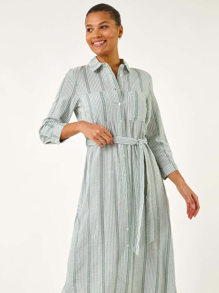 Roman Green Textured Stripe Belted Shirt 100% Cotton Dress - Image 4 of 5