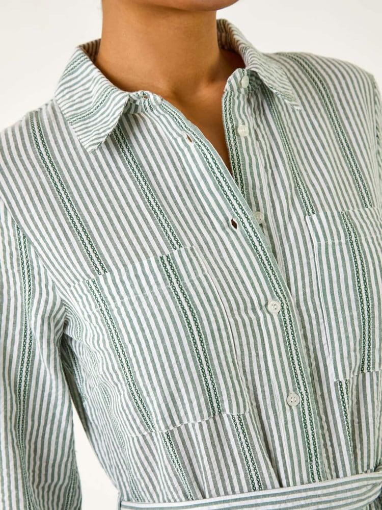 Roman Green Textured Stripe Belted Shirt 100% Cotton Dress - Image 5 of 5