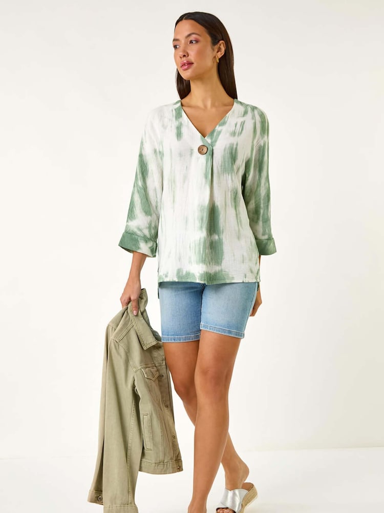 Roman Green 100% Cotton Tie Dye Button Detail Top - Image 2 of 5