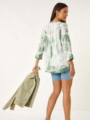 Roman Green 100% Cotton Tie Dye Button Detail Top - Image 3 of 5