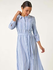 Roman Blue Textured Stripe Belted Shirt 100% Cotton Dress - Image 1 of 5