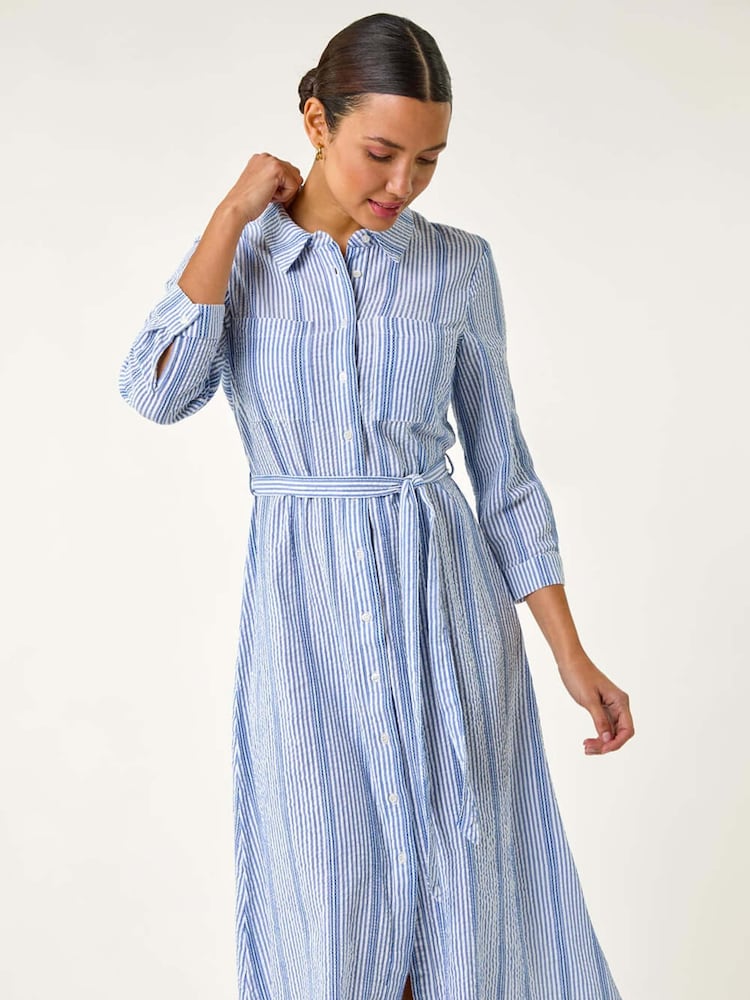 Roman Blue Textured Stripe Belted Shirt 100% Cotton Dress - Image 1 of 5