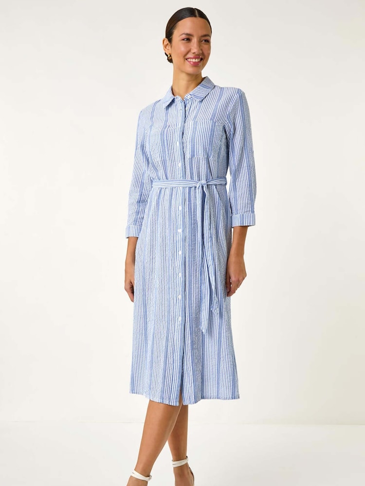 Roman Blue Textured Stripe Belted Shirt 100% Cotton Dress - Image 2 of 5