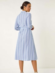 Roman Blue Textured Stripe Belted Shirt 100% Cotton Dress - Image 3 of 5