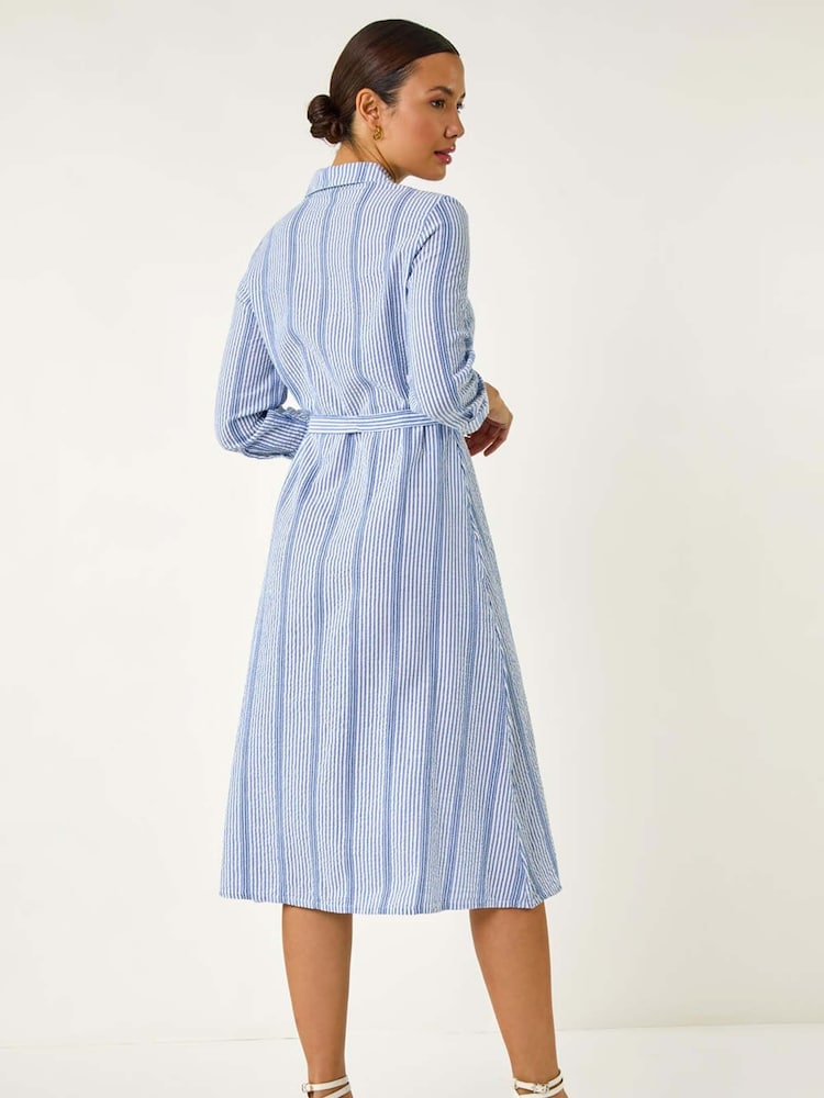 Roman Blue Textured Stripe Belted Shirt 100% Cotton Dress - Image 3 of 5