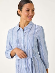 Roman Blue Textured Stripe Belted Shirt 100% Cotton Dress - Image 4 of 5