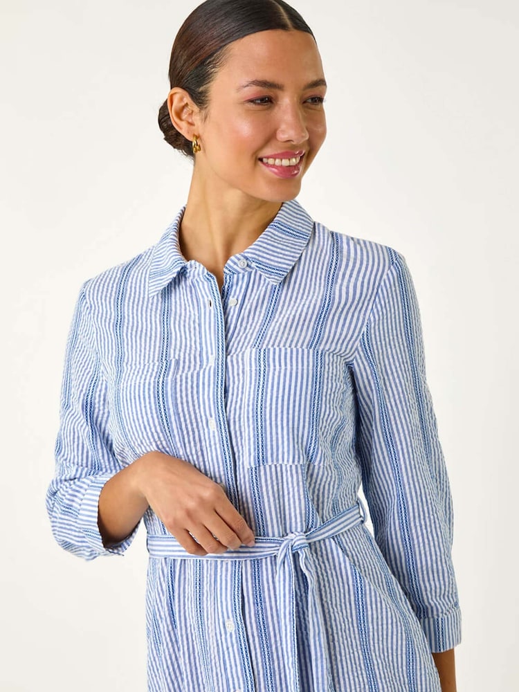 Roman Blue Textured Stripe Belted Shirt 100% Cotton Dress - Image 4 of 5