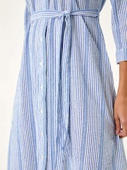 Roman Blue Textured Stripe Belted Shirt 100% Cotton Dress - Image 5 of 5