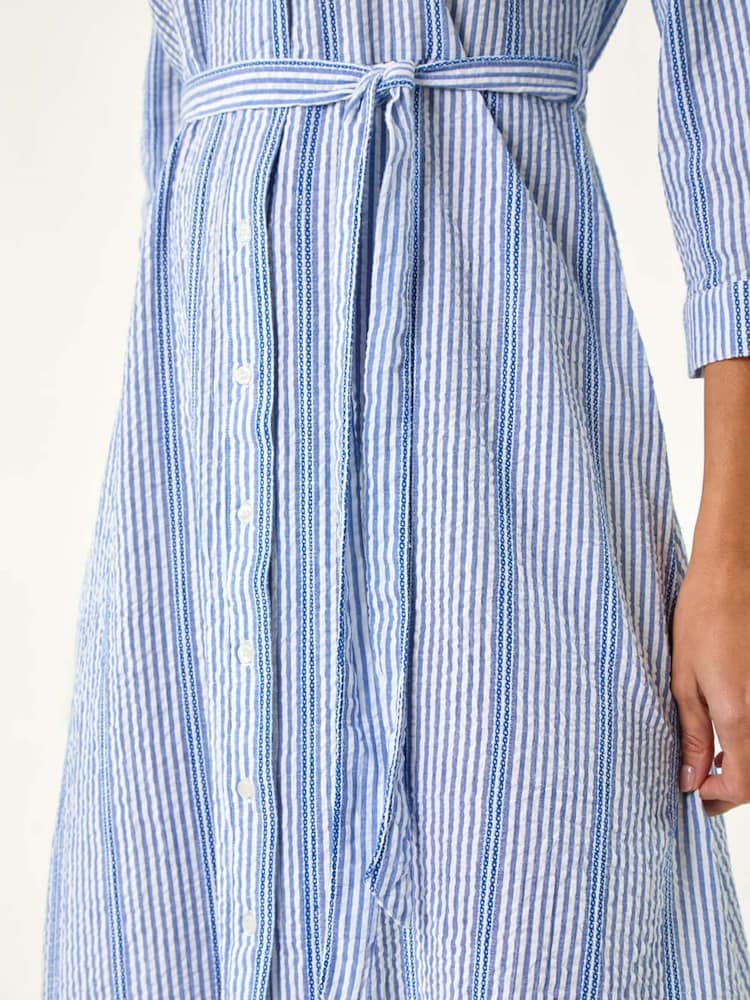 Roman Blue Textured Stripe Belted Shirt 100% Cotton Dress - Image 5 of 5