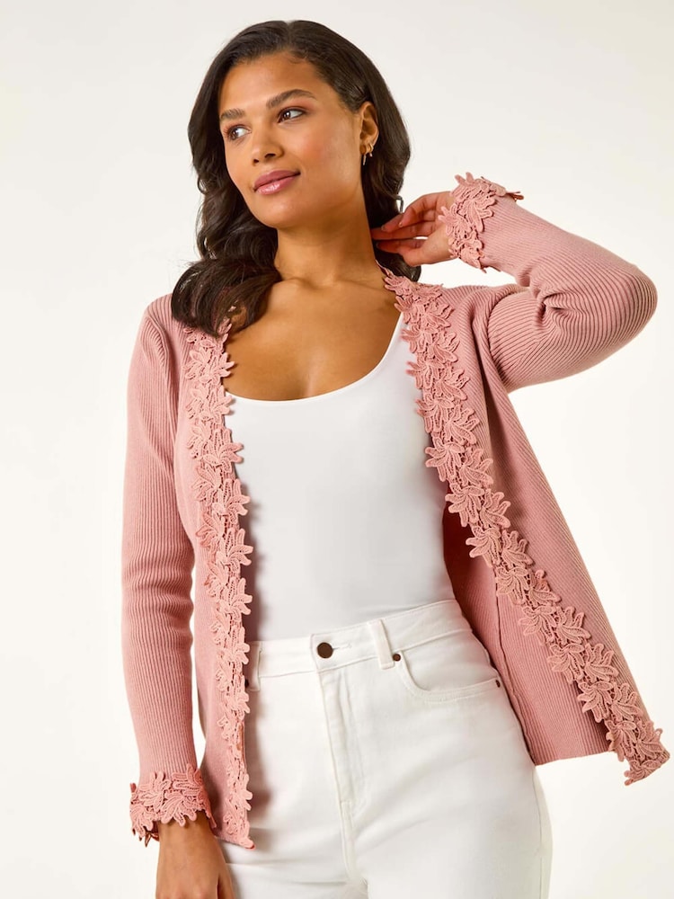 Roman Pink Lace Trim Knit Cardigan - Image 3 of 5