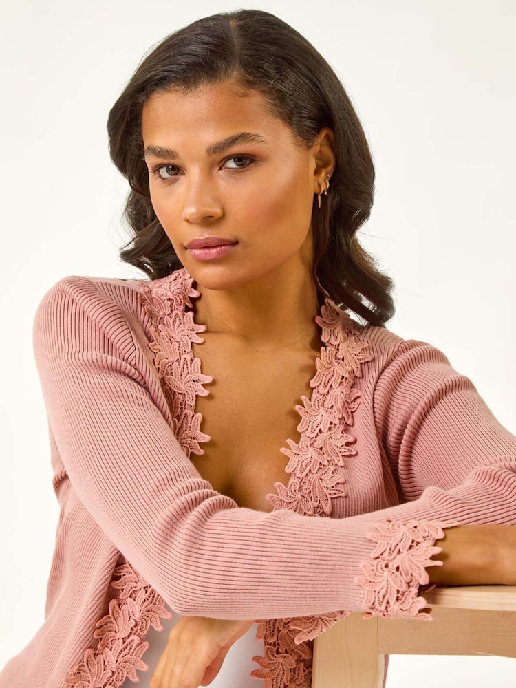 Roman Pink Lace Trim Knit Cardigan - Image 4 of 5