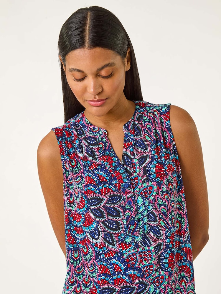 Roman Blue Abstract Print Stretch Vest Top - Image 1 of 5