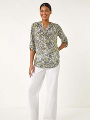 Roman Yellow Animal Print Burnout V-Neck Shirt - Image 2 of 5