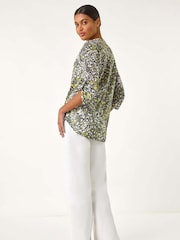 Roman Yellow Animal Print Burnout V-Neck Shirt - Image 3 of 5