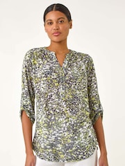 Roman Yellow Animal Print Burnout V-Neck Shirt - Image 4 of 5