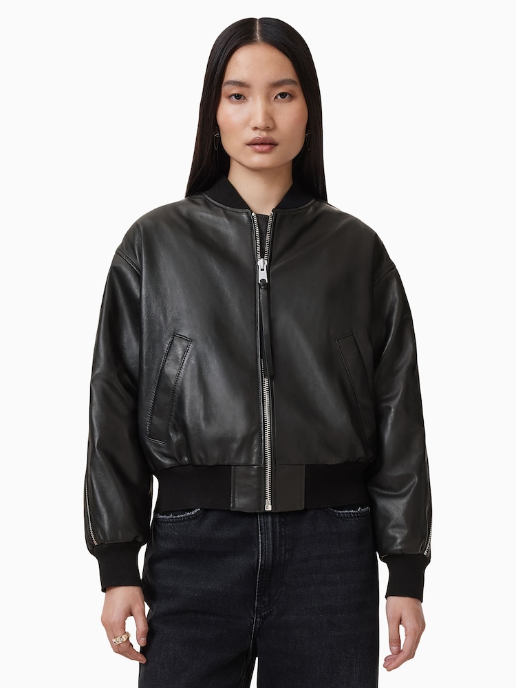 AllSaints Black Zenith Zip Bomber Jacket - Image 1 of 8 AllSaints Black Zenith Zip Bomber Jacket - Image 1 of 8